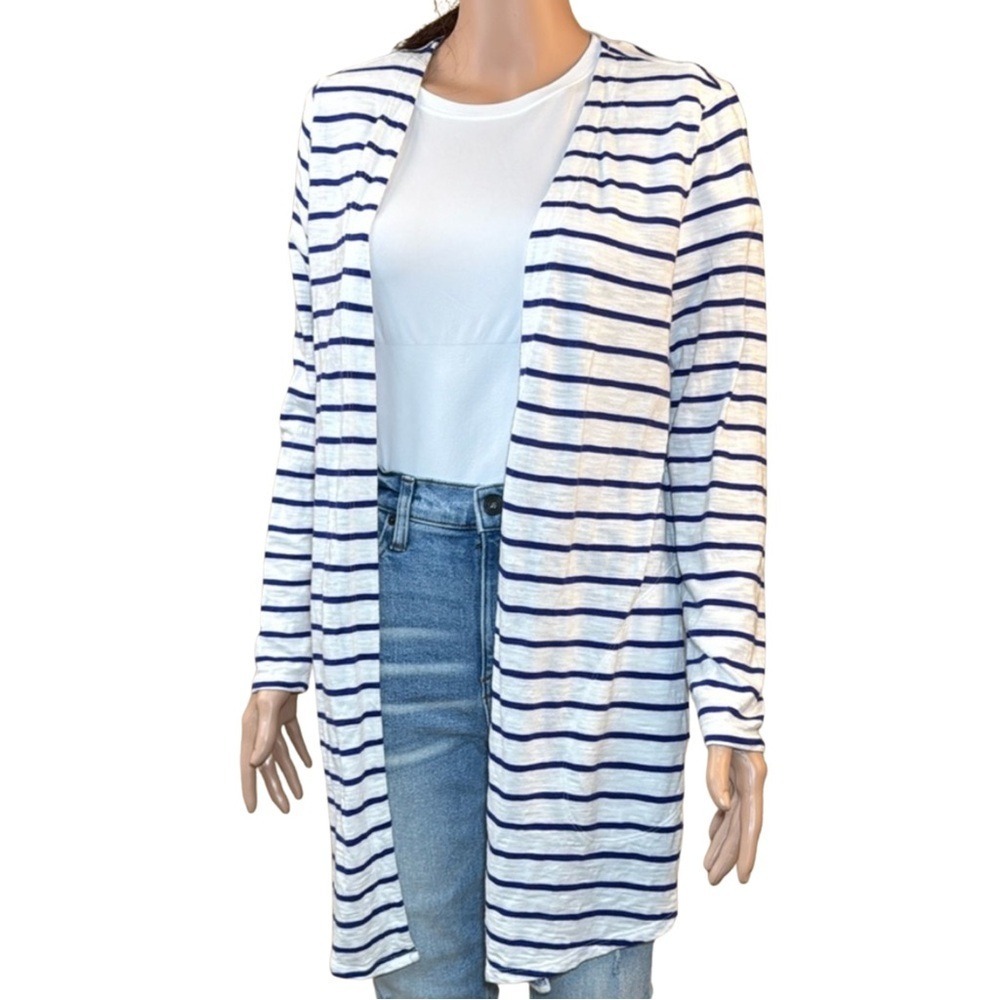 Chicos The Ultimate Tee Cardigan Womens 1 Medium White Navy Striped Open Front
